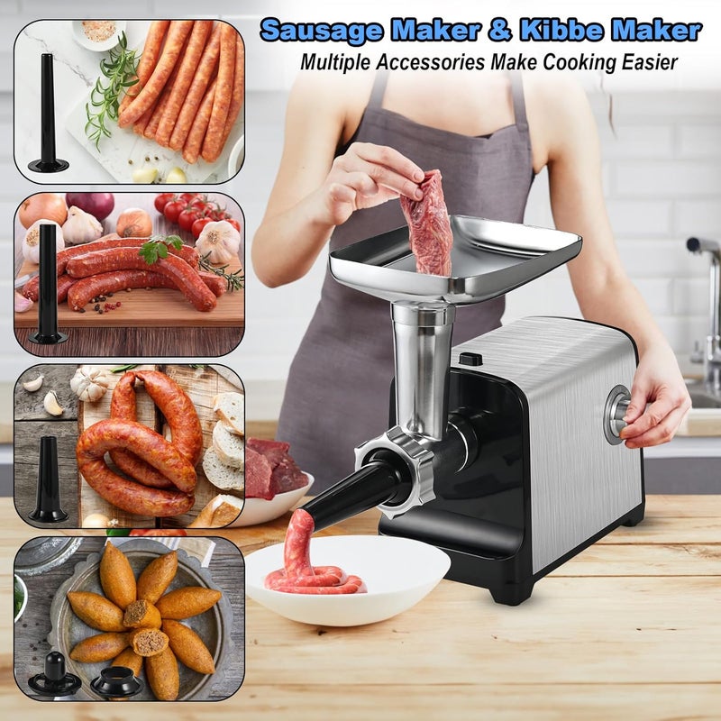 Casuenia Electric Meat Grinder, [3200W Max] Meat Grinder Heavy Duty for Home Use, Sausage Stuffer with 2 Blades, 4 Grinding Plates, 3 Sausage Tubes, Kibbe Kit, Stainless Steel (Black) - Image 4